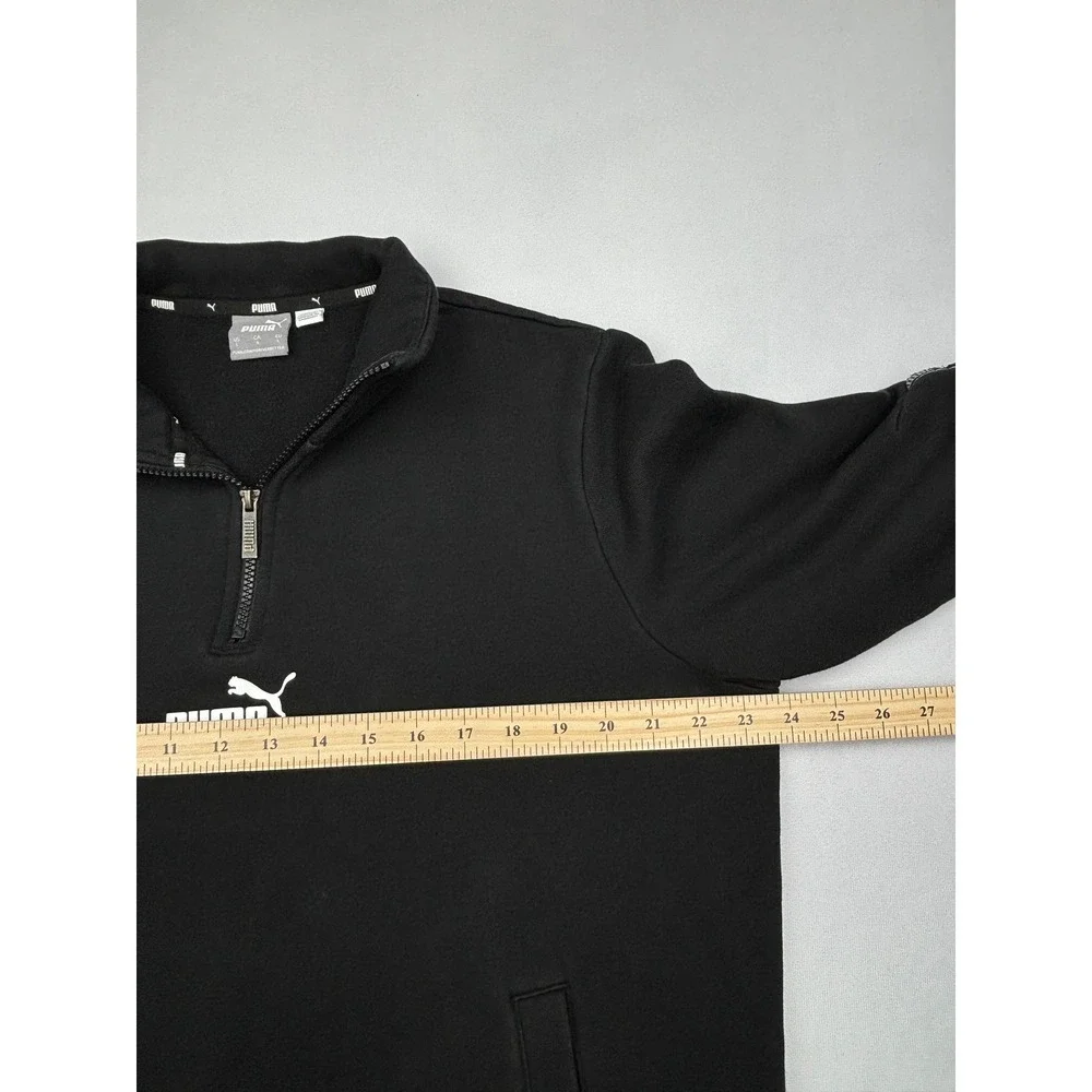 Puma Quarter Zip Fleece Pullover Mens Large Black Sleeve Logo Tape Sweatshirt